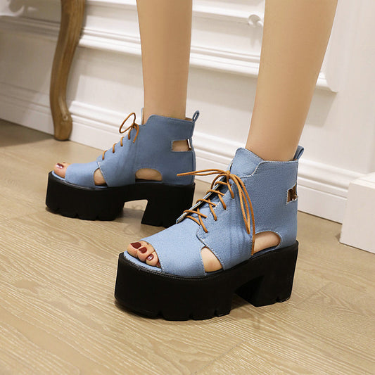 Denim Damen Sandalen vorne Schnürung Fischmaul Cool
