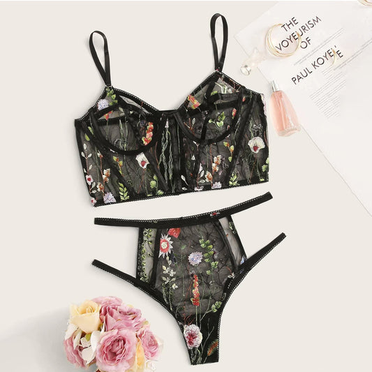 Sexy Lingerie Women Underwear Set Mesh See-through Floral Embroidery Bra