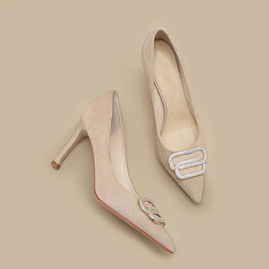 Scarpe con tacco alto in morbida pelle da donna, stiletto da carriera, con strass