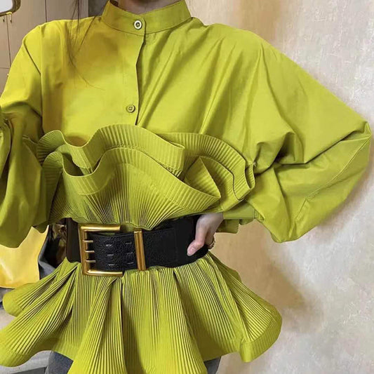 Unregelmäßige Taille Spitze Plissee Bluse Damen Bluse Neujahr Volltonfarbe Schnalle Gürtel