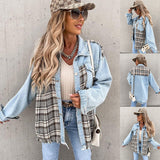 Cappotto scozzese con cuciture in denim, top largo da donna