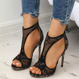 Sexy Sandalen mit Spitzen-Reißverschluss hinten und Peep-Toe-Stiletto-Absatz