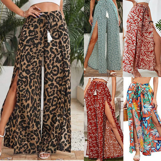 Pantaloni larghi con stampa leopardata alla moda, allacciati in vita, casual, con nappe e stampa leopardata