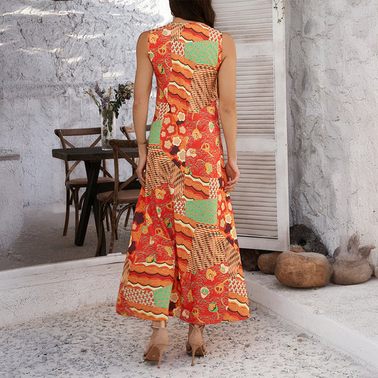 Bedrucktes ärmelloses A-Linien-Kleid in Kontrastfarbe für den Urlaub, Damenbekleidung