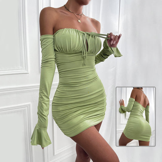 Abito corto a maniche lunghe con spalle scoperte, alla moda e sexy, con pieghe e lacci, abbigliamento da donna