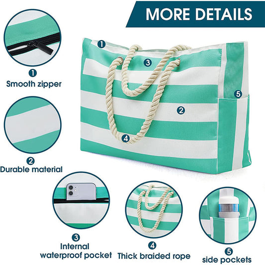 Borsa da viaggio in tela grande con motivo a strisce da spiaggia