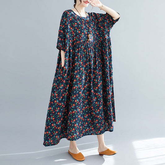 Literary Large Loose Round Neck Short Sleeve Large Swing Dress For Women