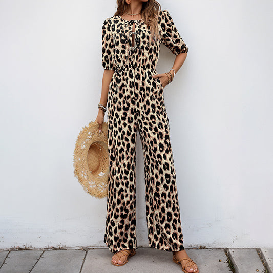 Tuta europea e americana con vita alta annodata e stampa leopardata, pantaloni monopezzo